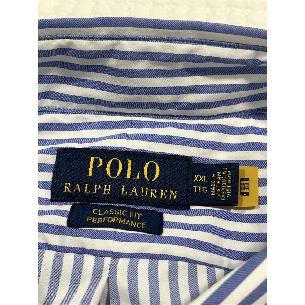 Polo Ralph Lauren Shirt Mens 2XL Blue Stripe Classic Fit Performance Long Sleeve